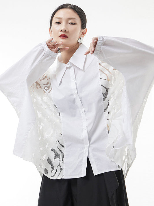 flowersverse Urban See-Through Lace Split-Joint Lapel Blouse