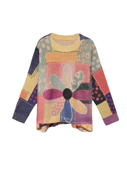 flowersverse Flower Print Rhine Stones High-low Long Sleeves Round-neck Sweater Tops Pullovers