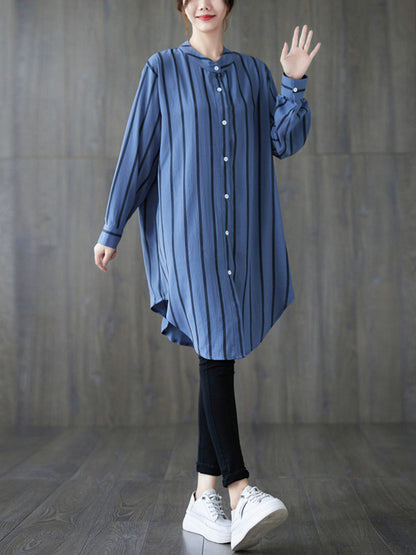 flowersverse Buttoned Striped Long Sleeves Loose Blouses&Shirts Tops