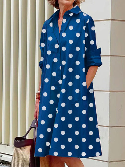 flowersverse Vintage Long Sleeves Polka Dot Lapel Midi Dresses