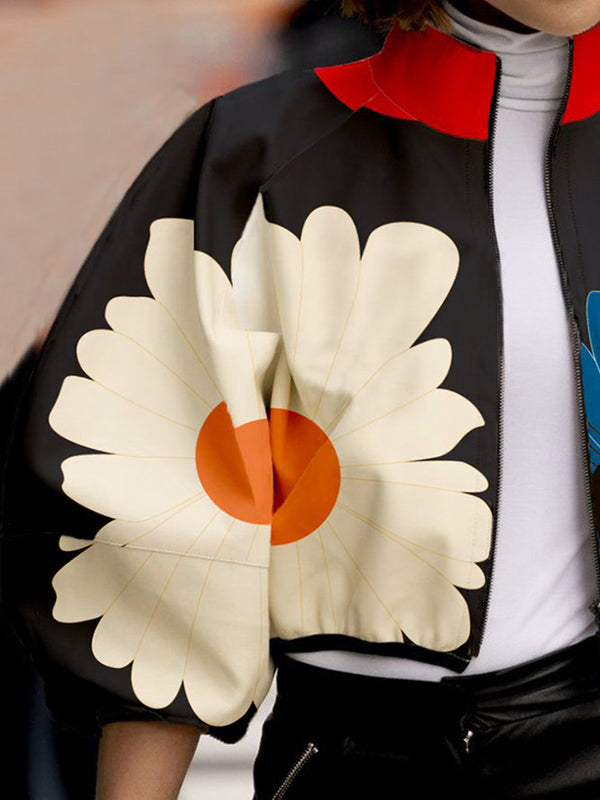 flowersverse Contrast Color Flower Print Zipper Stand Collar Jackets Outerwear