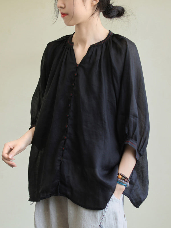 flowersverse Black&Pink High-Low Half Sleeve Ramie Cotton Loose Shirt