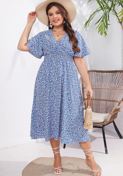 flowersverse Women's Summer Plus Size Short Sleeve V-Neck Slim Waist Print Dress