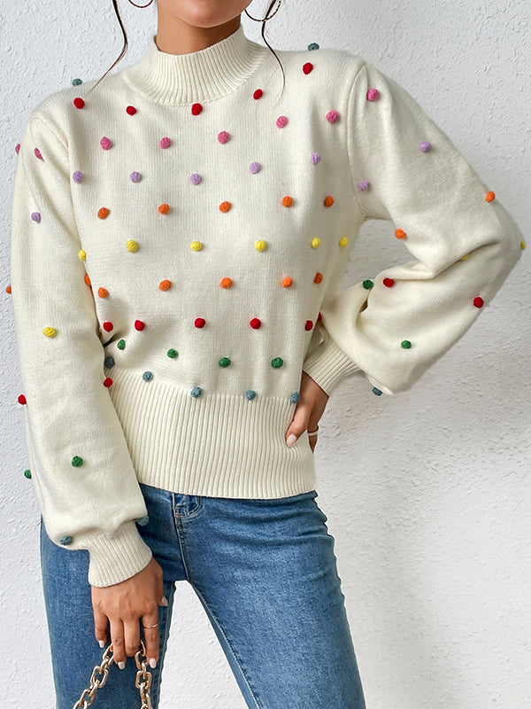 flowersverse Pompom Triming Long Sleeves Loose Round-Neck Sweater Tops Pullovers Knitwear