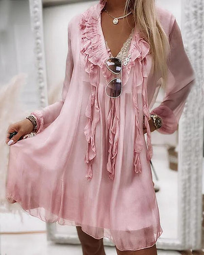 flowersverse Ruffle Silk Tassel V Neck Chiffon Dress