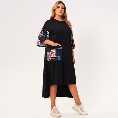 flowersverse New Summer Dress Women Plus Size Black Printing Splicing O-neck Half Sleeve Loose Casual College Style Dresses With Pocket