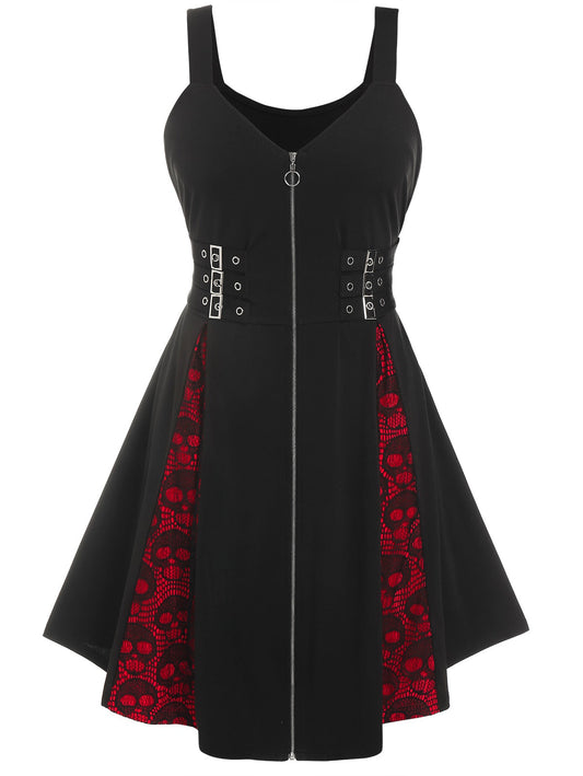 flowersverse Plus Size Full Zip Skull Lace Panel Dress Robe Femme