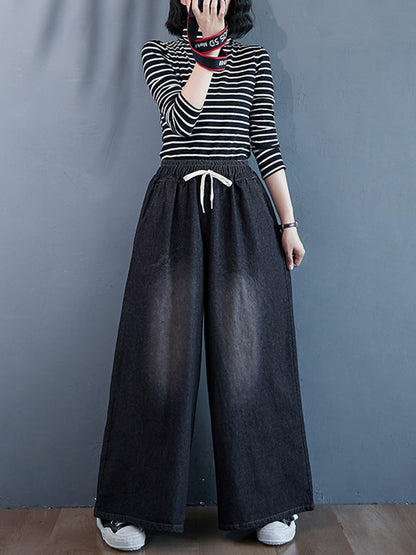 flowersverse Loose Wide-Leg Drawstring Jean Pants