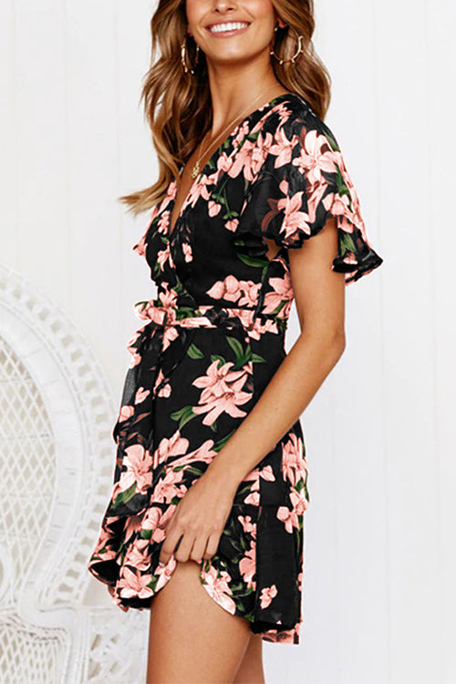 flowersverse Floral Print Ruffles Mini Wrap Dress