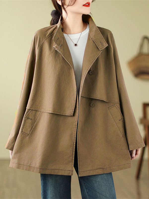 flowersverse Asymmetric Buttoned Pockets Solid Color Split-Joint Long Sleeves Loose Stand Collar Trench Coats Outerwear