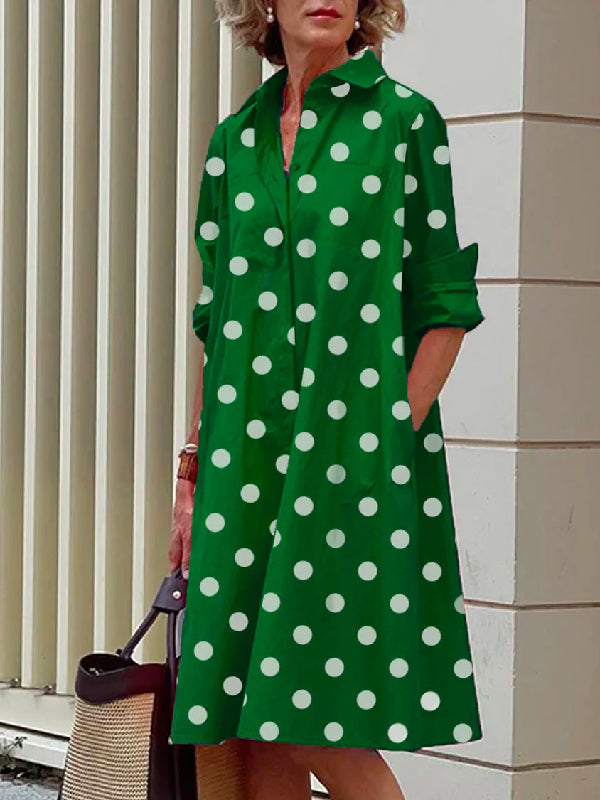 flowersverse Vintage Long Sleeves Polka Dot Lapel Midi Dresses