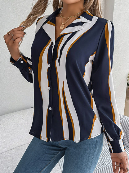 flowersverse Buttoned Contrast Color Printed Long Sleeves Loose Notched Collar Blouses&Shirts Tops