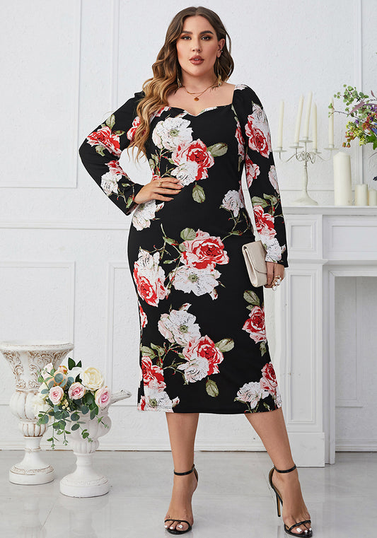 flowersverse Plus Size Printed Square Neck Slim Waist Bodycon Long Sleeve Dress
