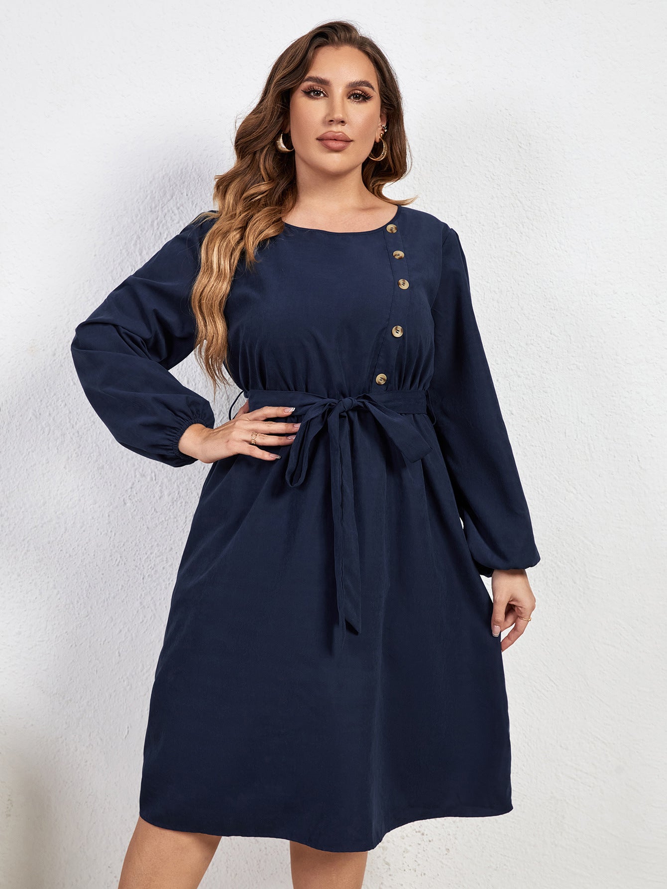 flowersverse Solid Plus Size Loose High Waist Tie Round Neck Dress