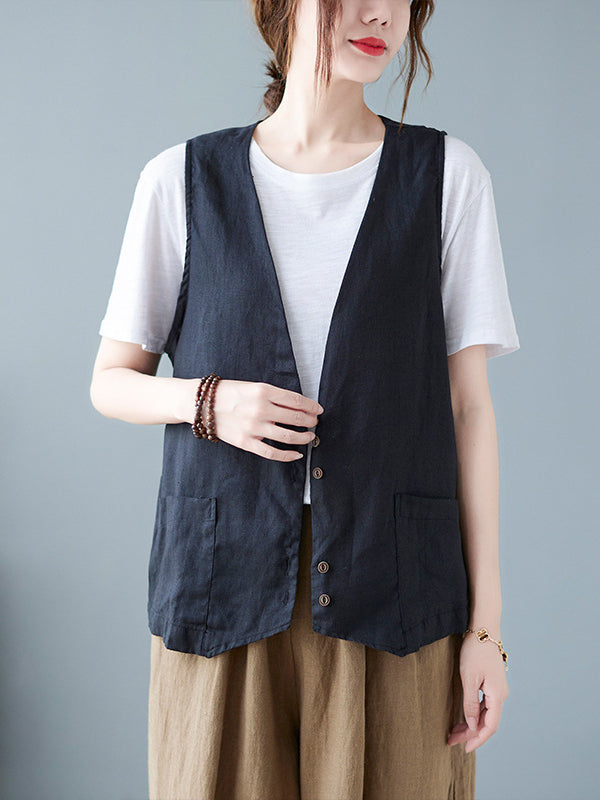 flowersverse Simple Loose V-Neck Solid Color Vest