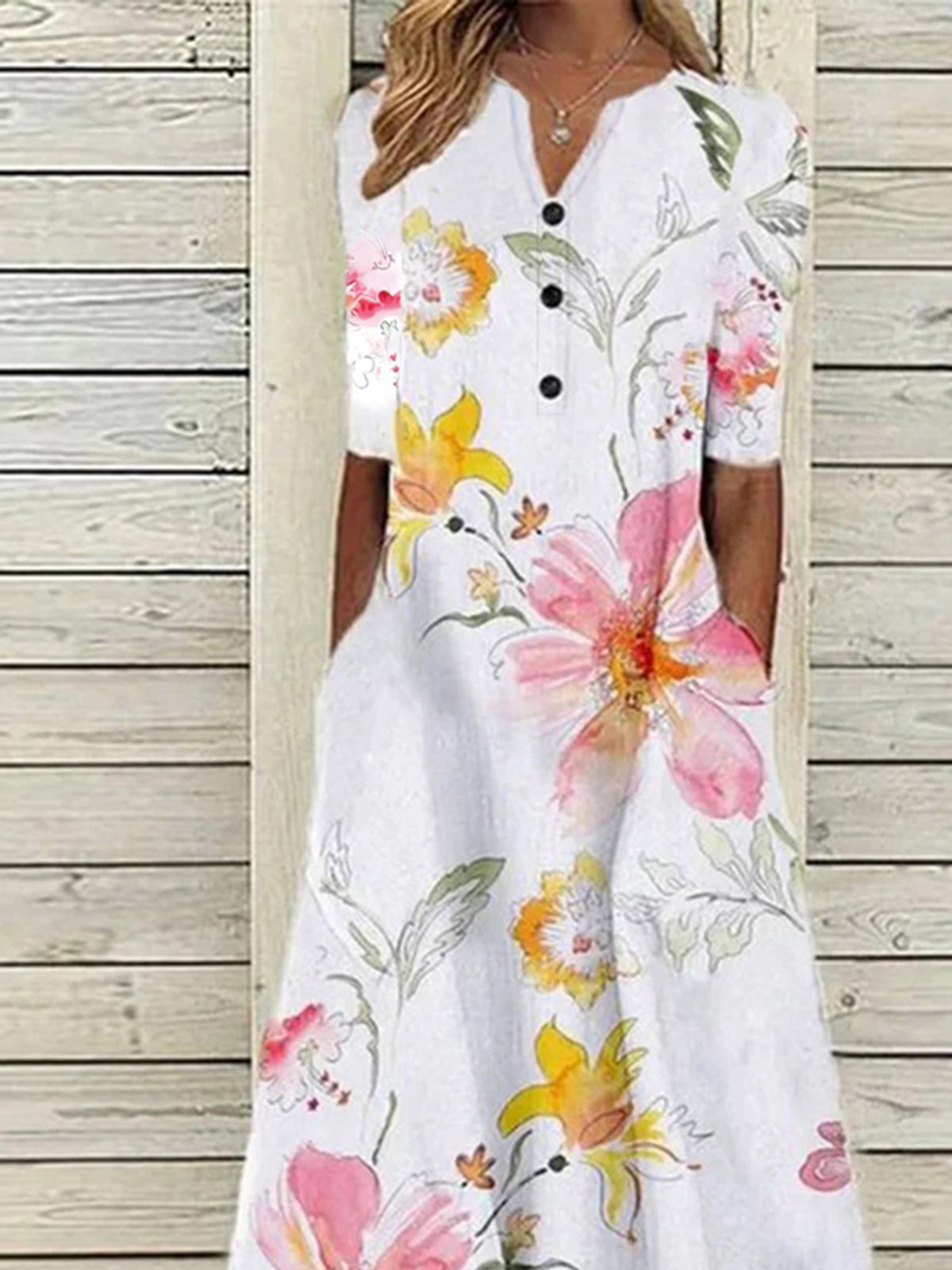 flowersverse Floral Casual V Neck Half Sleeve Buttoned Pockets A-line Dress