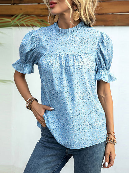 flowersverse Elastics Floral Printed Split-Joint Bishop Sleeve Stand Collar Blouses&Shirts Tops