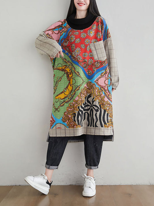 flowersverse Women Fashion Spliced Plaid Winter Fleece-lined Dress