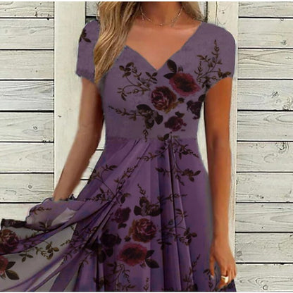 flowersverse Women's Casual Dress Chiffon Dress Midi Dress Navy Blue Purple Short Sleeve Floral Print Spring Summer V Neck Stylish  S M L XL XXL 3XL