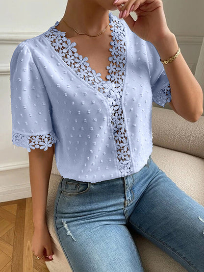 flowersverse Applique Solid Color Loose Short Sleeves V-neck Blouses&shirts Tops