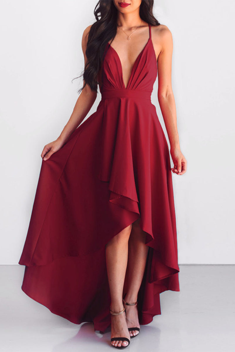 flowersverse Sexy Formal Solid Asymmetrical V Neck Dresses