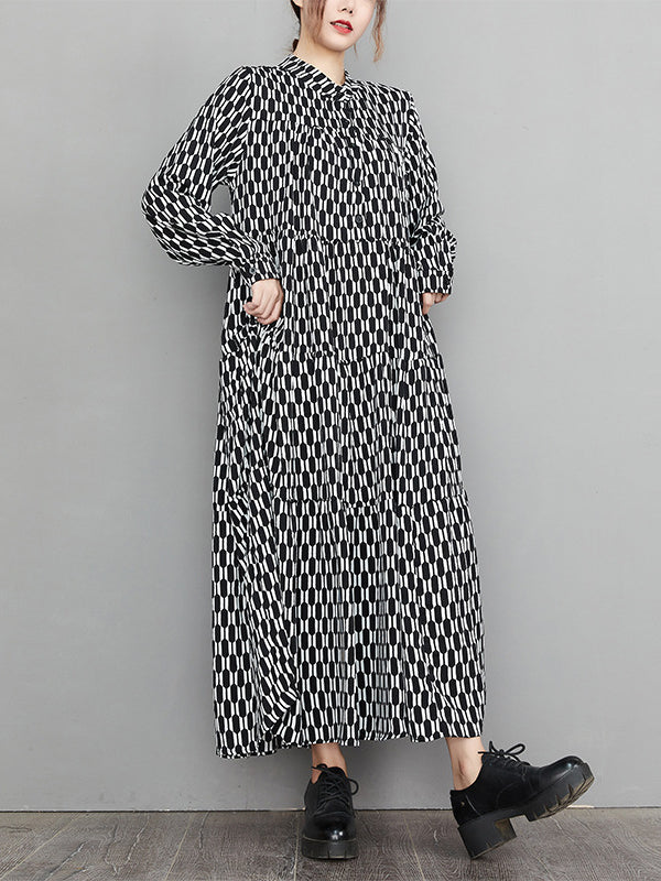 flowersverse Casual Long Sleeves Loose Buttoned Contrast Color Printed Split-Joint Stand Collar Midi Dresses