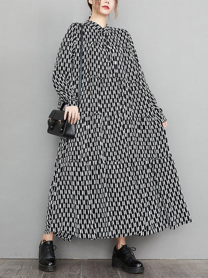 flowersverse Casual Long Sleeves Loose Buttoned Contrast Color Printed Split-Joint Stand Collar Midi Dresses