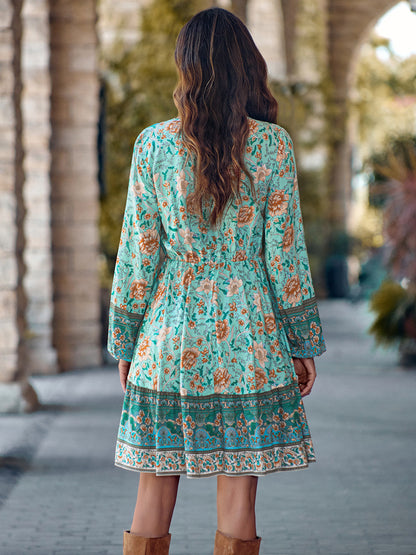 flowersverse Bohemian Chic Floral Print V-Neck Long Sleeve Dress