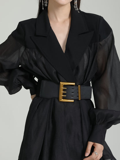 flowersverse See-Through Split-Joint Tied Waist Loose Puff Sleeves Lapel Blouses&Shirts Tops