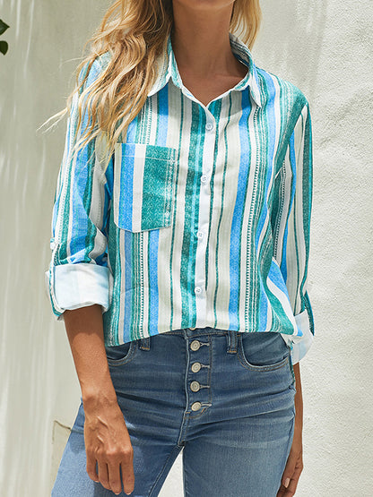 flowersverse Buttoned Pockets Striped High-Low Long Sleeves Lapel Blouses&Shirts Tops