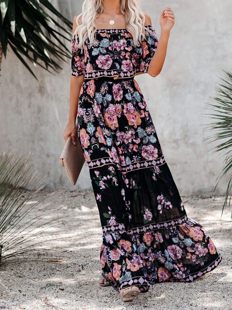 flowersverse Floral Print One-shoulder Mopping Dress