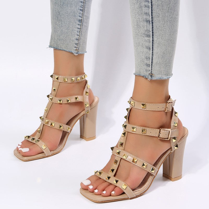 flowersverse Square-Toe Gladiator High Heels: Rivet Sandals for Women with Buckle Strap