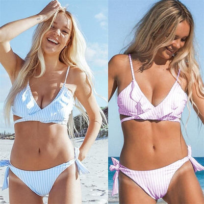 flowersverse Women's Swimwear Bikini Normal Swimsuit 2 Piece Striped Pink Blue Bathing Suits Sports Summer