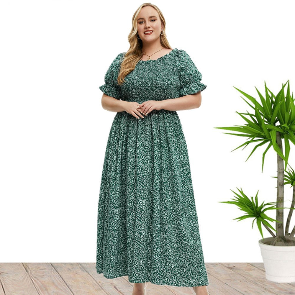 flowersverse Summer Fall Plus Size Women's Round Neck Dress