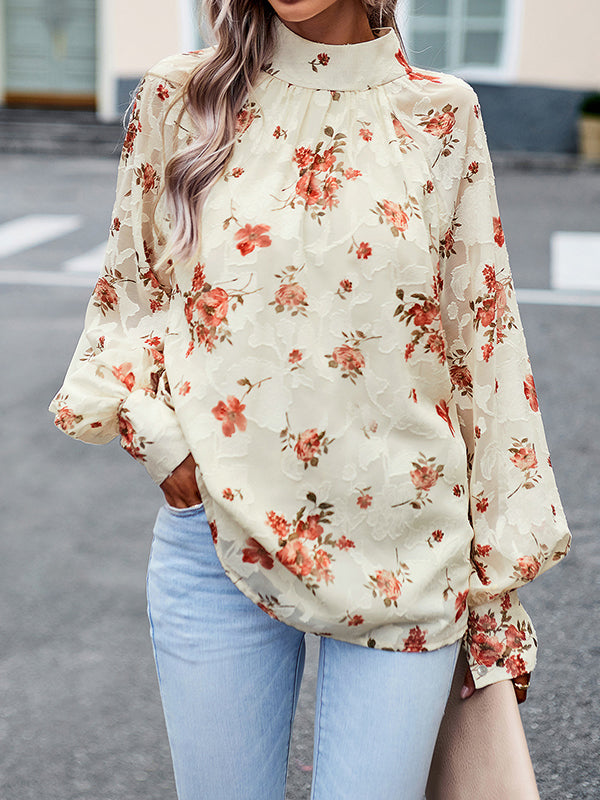 flowersverse Flower Print Tied Long Sleeves Loose Mock Neck Blouses&Shirts Tops