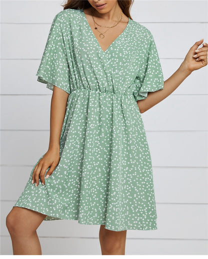 flowersverse Spring Summer Chiffon Dress Women V-Neck Love Dot Print Short Dresses Sweet Ruffle Sleeve Slim Ladies Drawstring Dress