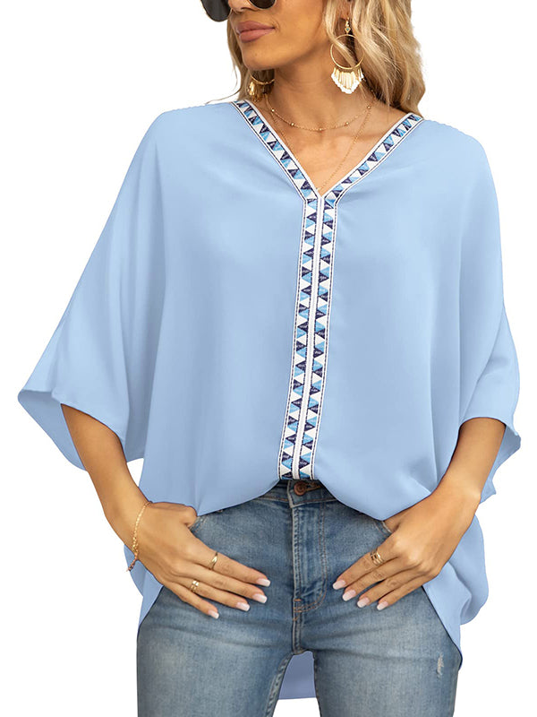 flowersverse Split-Joint Batwing Sleeves Loose V-neck Blouses&shirts Tops