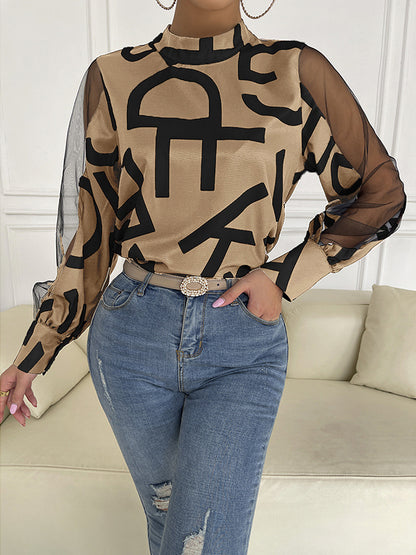 flowersverse Buttoned Hollow Letter Print See-Through Split-Joint Long Sleeves Round-neck Shirts Tops Blouses&shirts Tops