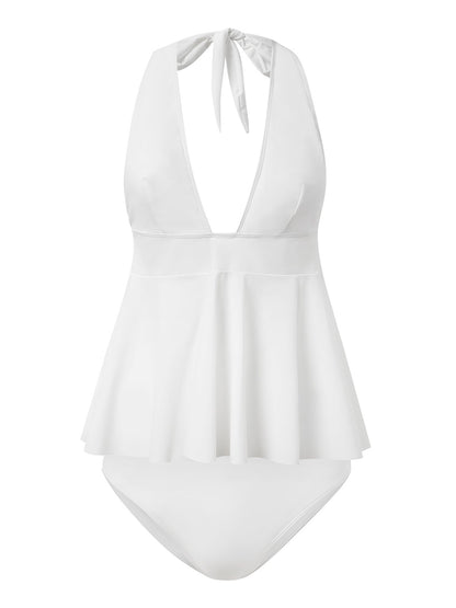 flowersverse Vacation Plain V Neck Flouncing Tankinis Two-Piece Set