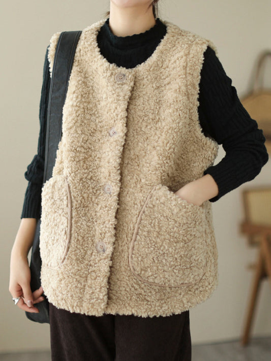 flowersverse Buttoned Pockets Loose Sleeveless Round-Neck Vest Outerwear