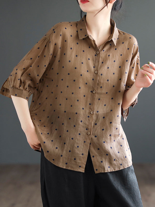 flowersverse Polka-Dot Half Sleeves Loose Lapel Blouses&shirts Tops