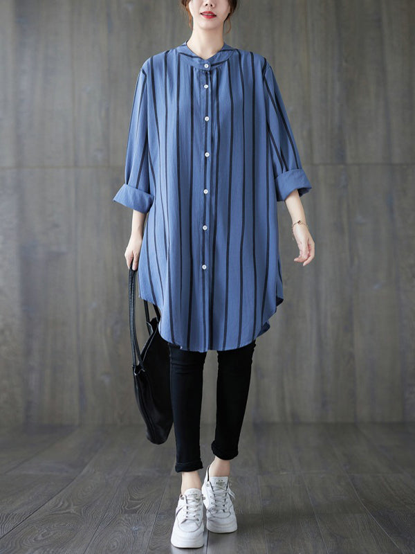 flowersverse Buttoned Striped Long Sleeves Loose Blouses&Shirts Tops