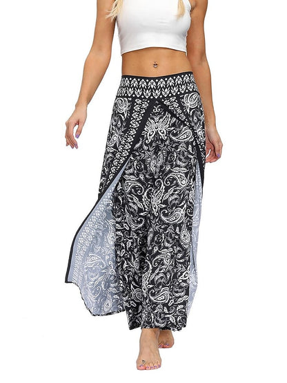 flowersverse Women's Harem Wide Leg Pants Trousers Light gray Gray Black High Waist Basic Boho Gym Yoga Layered High Cut Micro-elastic Full Length Comfort Pattern S L / Drop Crotch / Plus Size / Loose Fit / Print