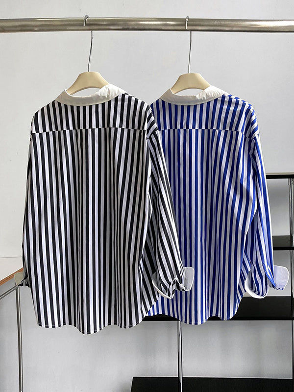 flowersverse Simple Long Sleeves Contrast Color Striped Lapel Blouse Top