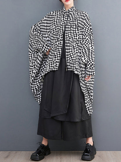 flowersverse High-Low Loose Plaid Zipper Stand Collar Outerwear