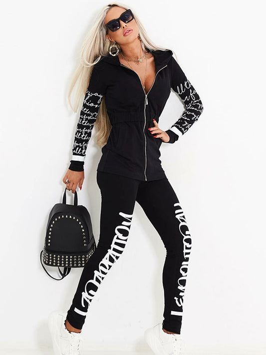 flowersverse Stylish Hooded Letter Zipper Jacket&Leggings Sports Suits