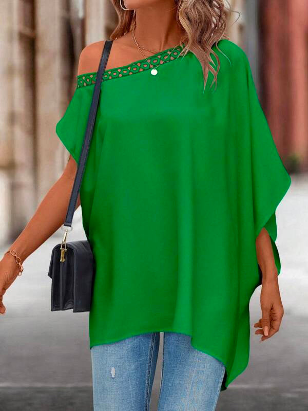 flowersverse Asymmetric Hollow Solid Color Batwing Sleeves One-Shoulder Blouses&Shirts Tops