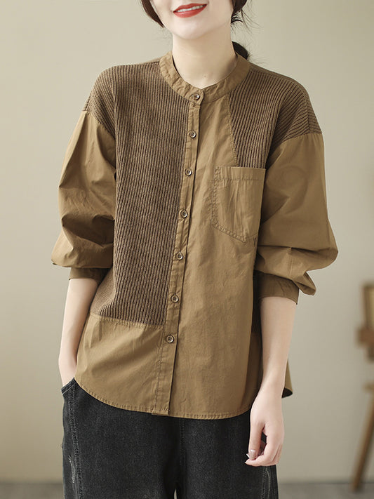 flowersverse Vintage Long Sleeves Loose Split-Joint Round-Neck Blouses&Shirts Tops