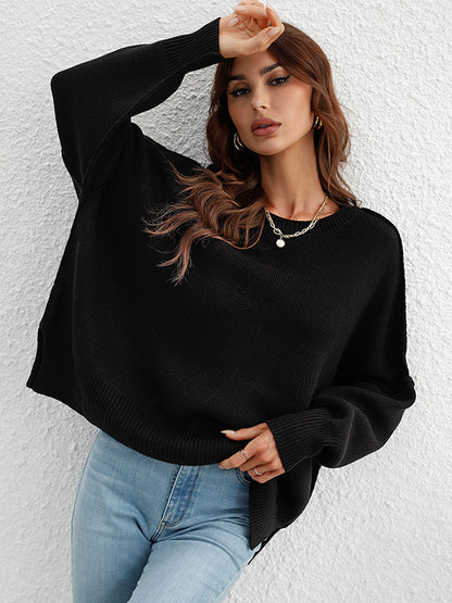 flowersverse Casual Long Sleeves Loose Split-Side Solid Color Round-Neck Sweater Tops