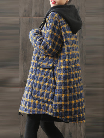 flowersverse Vintage Loose Plaid Quilted Hooded Padded Coat